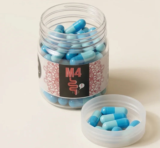 Blue and white herbal capsules in a clear plastic jar for digestive wellness.